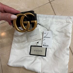 Authentic Gucci Black Leather Belt with Gold Buckle